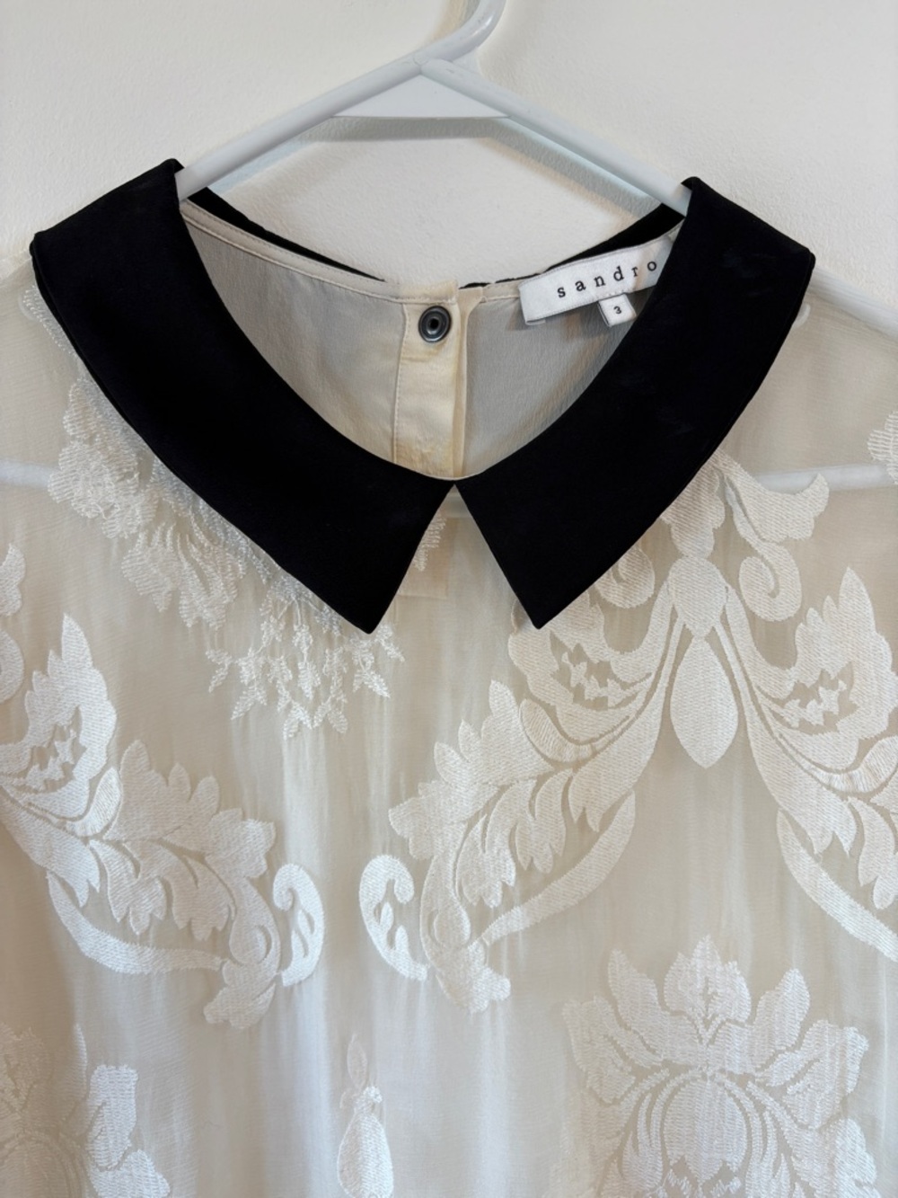 Sandro Paris Ivory Silk Lace Blouse Peter Pan Collar Sheer Romantic Top Size 3 - Picture 3 of 11